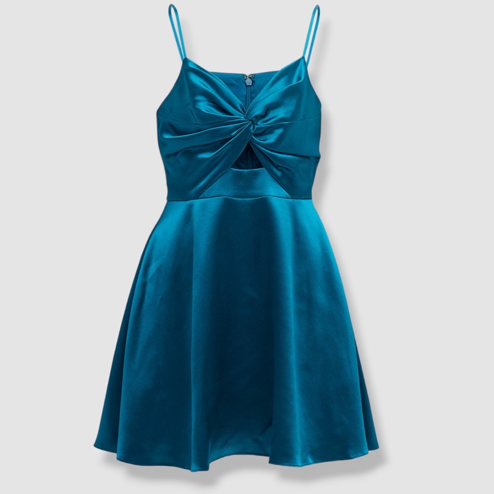 NWT Aidan Mattox Peacock Teal Satin V-Neck Twist Front Dress